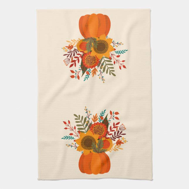 Modern Autumn Flowers in Pumpkin Tea Towel (Vertical)