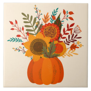 Modern Autumn Flowers in Pumpkin Tile
