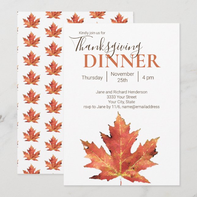 Modern Autumn Leaf Thanksgiving Dinner Invitation (Front/Back)