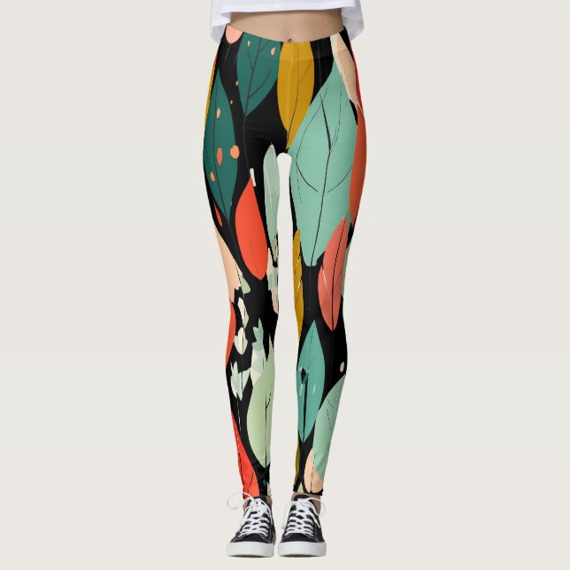 Modern Autumn Leaves Pattern Leggings (Front)
