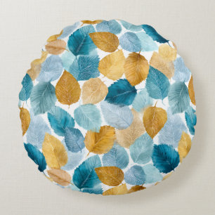 Modern Autumn Leaves Watercolor Seamless Pattern Round Cushion