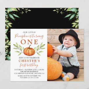 Modern Autumn Little Pumpkin 1st Birthday Photo Invitation