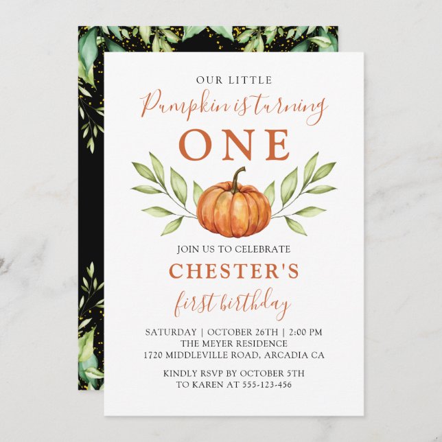 Modern Autumn Little Pumpkin First Birthday Invitation (Front/Back)