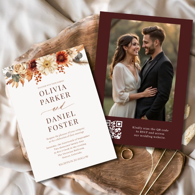 Modern Autumn Photo QR Code Fall Wedding Invitation (Creator Uploaded)