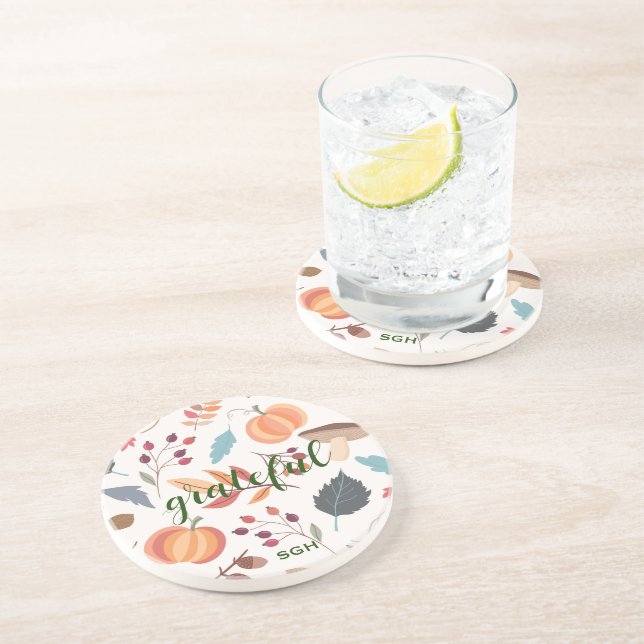 Modern Autumn Print Round Sandstone Coaster (Side)