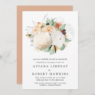 Modern Autumn Rose and Peony Bouquet Wedding Invitation