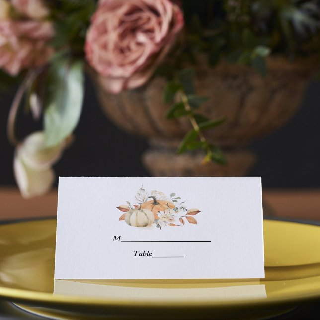 Modern Autumn Watercolor Pumpkins & Flowers  Place Card (Creator Uploaded)
