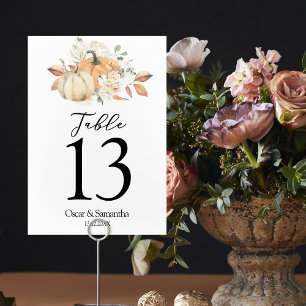 Modern Autumn Watercolor Pumpkins & Flowers  Table Number
