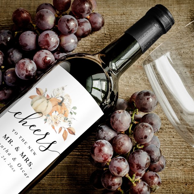 Modern Autumn Watercolor Pumpkins & Flowers  Wine Label (Creator Uploaded)