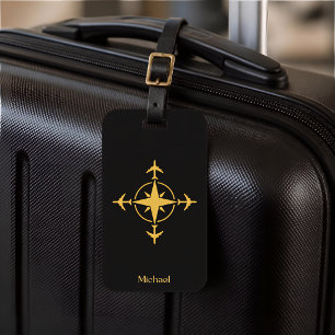 Modern Aviation Compass & Aeroplane,Black Custom Luggage Tag