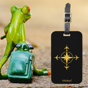 Modern Aviation Compass & Aeroplane,Black Custom Luggage Tag