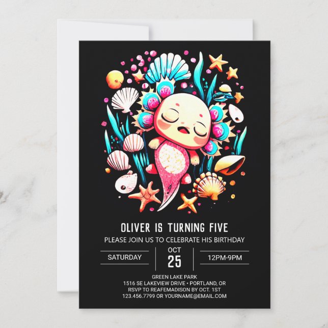 Modern Axolotl Printable Birthday Invitation (Front)