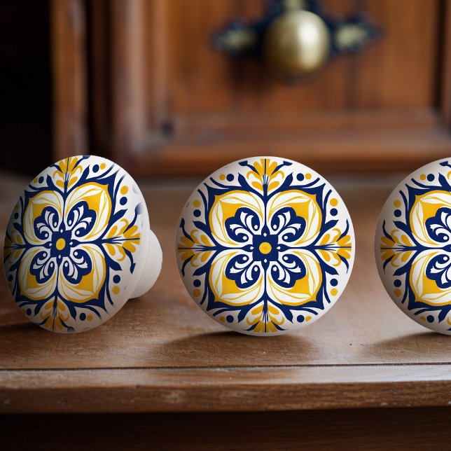 Modern Azulejo Blue Yellow Portuguese Lisbon Ceramic Knob (Creator Uploaded)