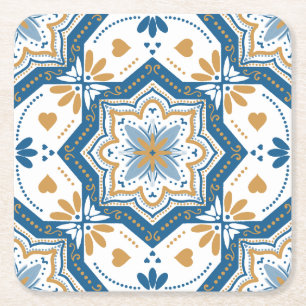 Modern Azulejo Blue Yellow Portuguese Pattern Square Paper Coaster