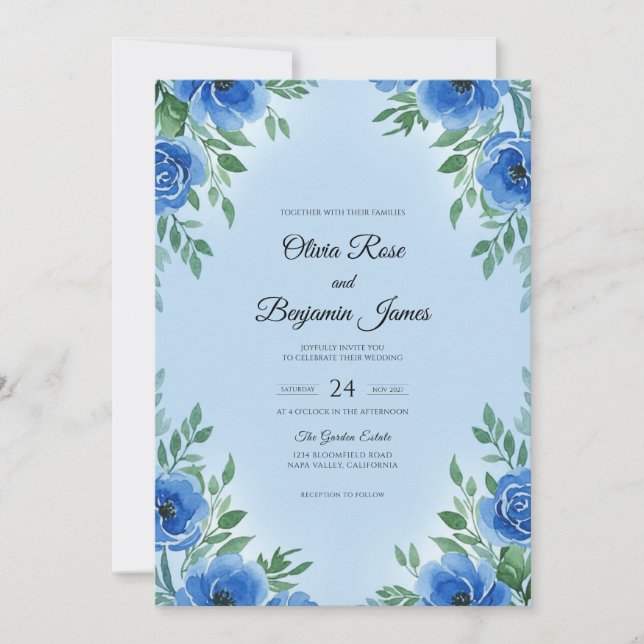 Modern Azure Bloom Wedding Invitation (Front)