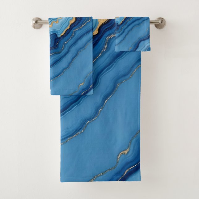 Modern Azure Blue Gold Marble Collection Bath Towel Set (Insitu)