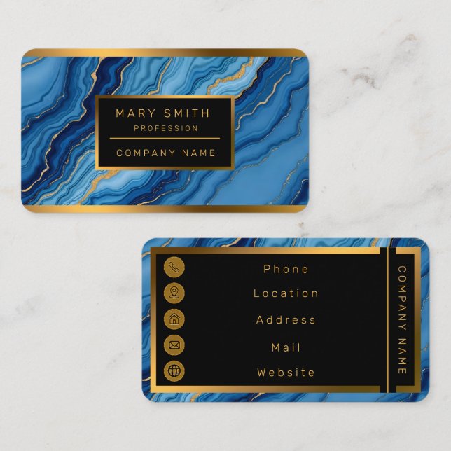Modern Azure Blue Gold Marble Collection Business Card (Front/Back)