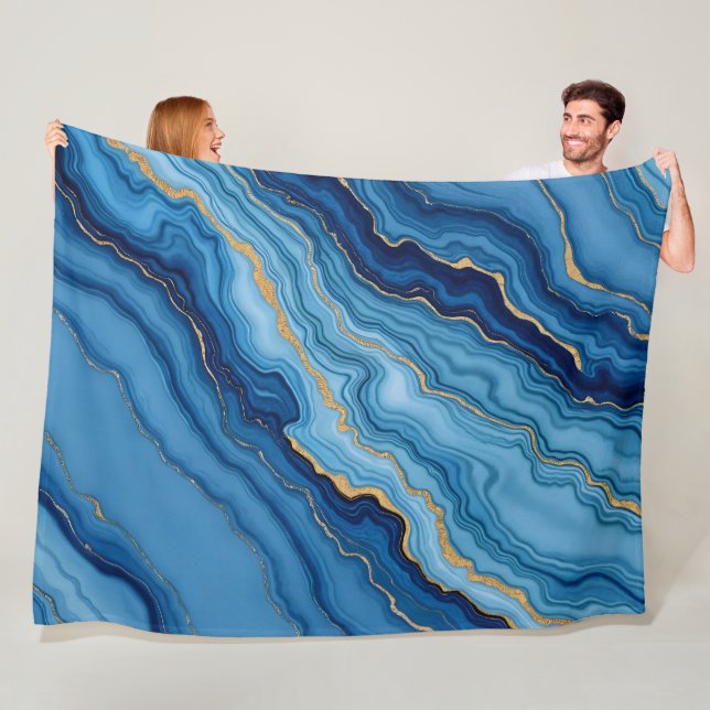 Modern Azure Blue Gold Marble Collection Fleece Blanket (In Situ)
