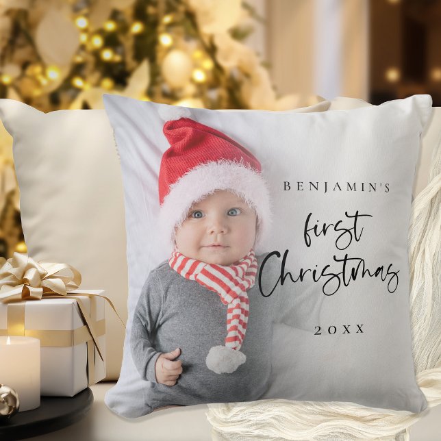 Modern Baby 1st Christmas Script Name Year Photo Cushion (Pilow available large 20 x 20" and small 16 x 16" Same design is on both sides)