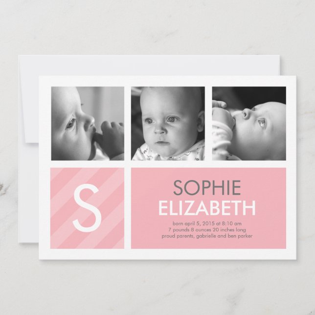 Modern Baby - 3 Photos Birth Announcement (Front)