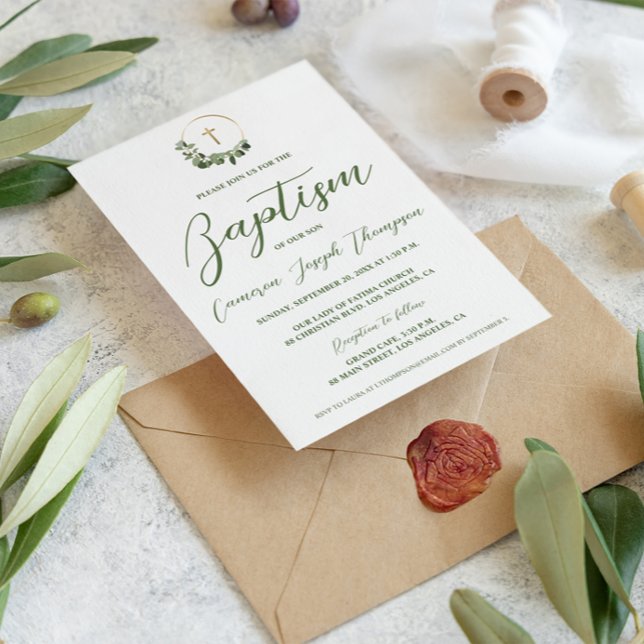 Modern Baby Baptism Wreath Gold Cross Green Motif Invitation (Green white baptism modern wreath with gold cross invitation.)