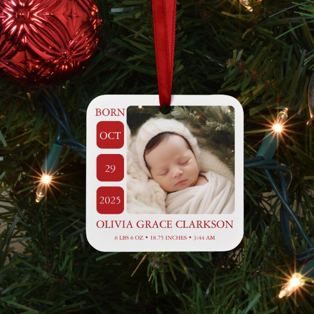 Modern Baby Birth Stats Photo Christmas Ornament (Creator Uploaded)