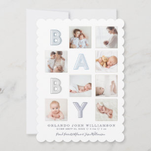 Modern Baby Block Letters Photo Grid Collage Boy Announcement