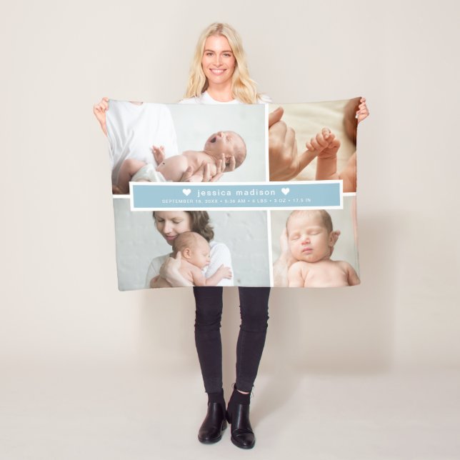 Modern Baby Blue Birth Stats Photos Fleece Blanket (In Situ)