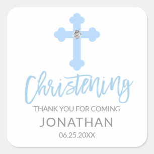 Modern Baby Blue Cross Christening Boy Thank You Square Sticker