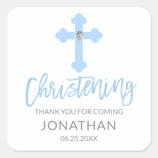 Modern Baby Blue Cross Christening Boy Thank You Square Sticker (Front)