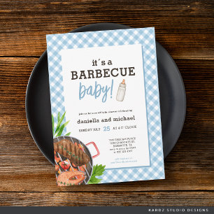 Modern Baby Blue Gingham Barbecue Baby Shower Invitation