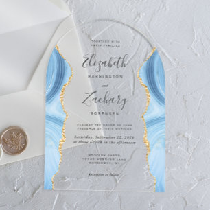 Modern Baby Blue Gold Agate Wedding Arch Acrylic Invitations