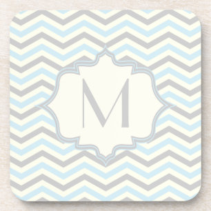 Modern baby blue, grey, ivory chevron pattern coaster