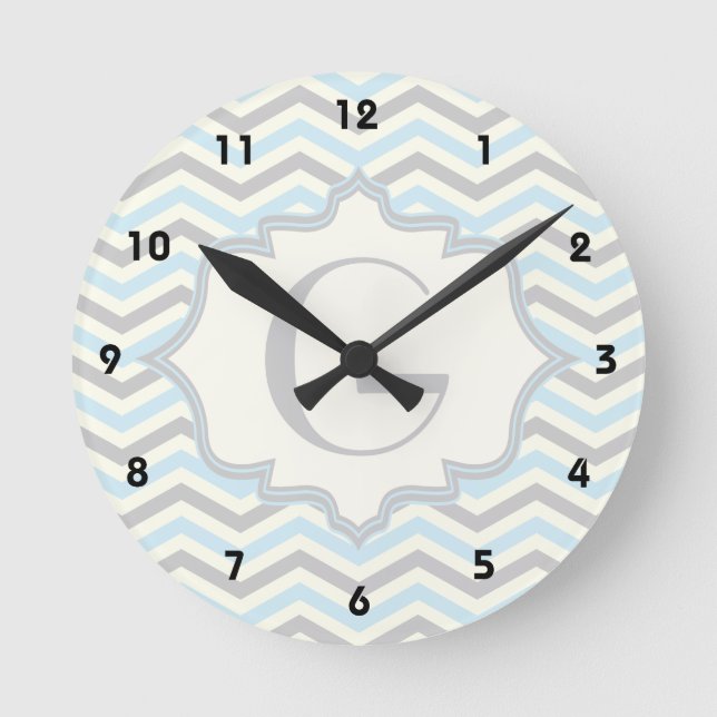 Modern baby blue, grey, ivory chevron pattern round clock (Front)