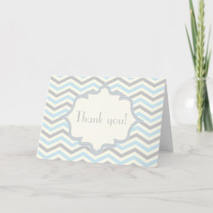 Modern baby blue, grey, ivory chevron pattern thank you card