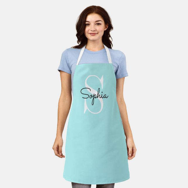 Modern Baby Blue Monogram Personalised Name Apron (Worn)