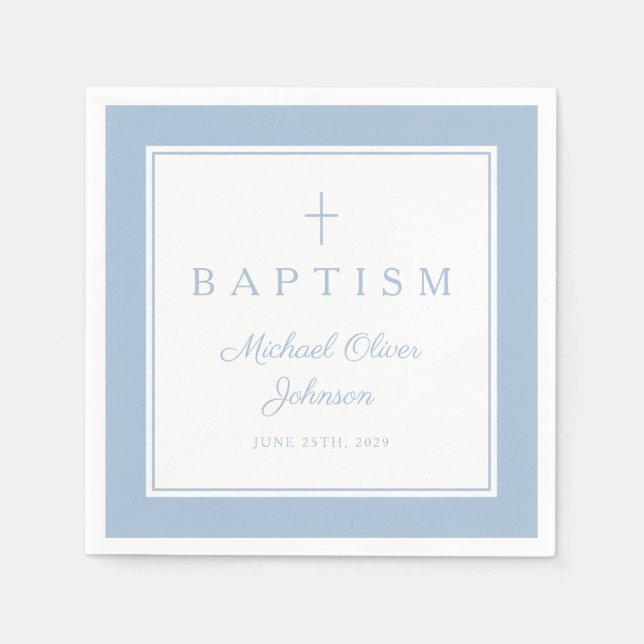 Modern Baby Blue Religius Cross Boy Baptism Napkin (Front)