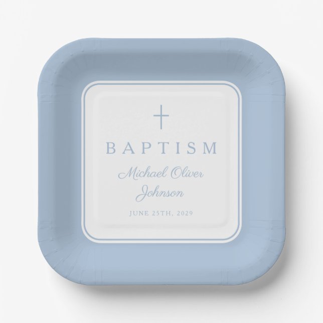 Modern Baby Blue Religius Cross Boy Baptism Paper Plate (Front)