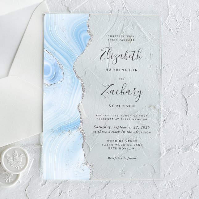 Modern Baby Blue Silver Agate Wedding Acrylic Invitations (Creator Uploaded)