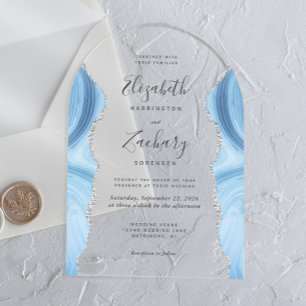 Modern Baby Blue Silver Agate Wedding Arch Acrylic Invitations