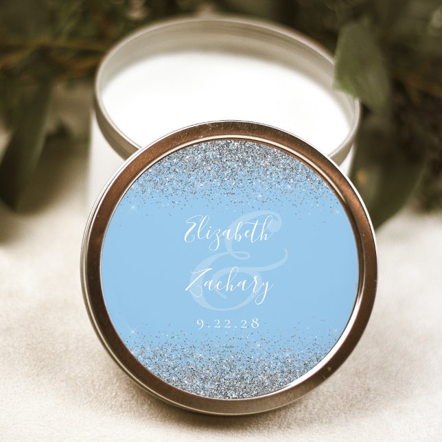 Modern Baby Blue Silver Glitter Edge Wedding Classic Round Sticker (Creator Uploaded)
