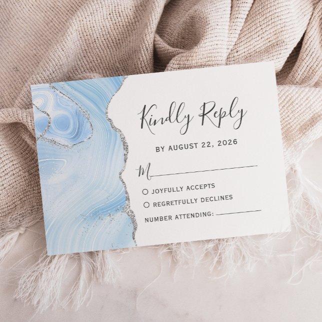 Modern Baby Blue Silver Watercolor Agate Wedding RSVP Card (Creator Uploaded)