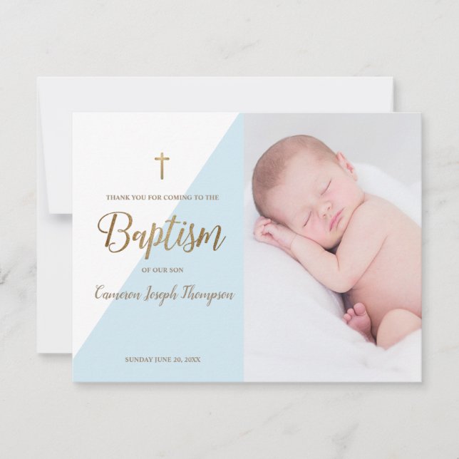 Modern Baby Boy Blue Photo Baptism Thank You Card (Front)