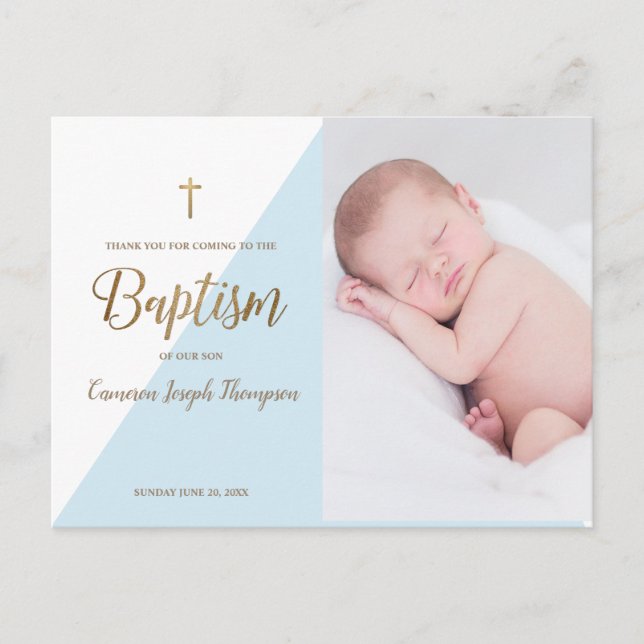 Modern Baby Boy Blue Photo Baptism Thank You Postcard (Front)