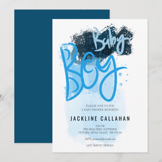 Modern baby boy blue shower invitation (Front/Back)