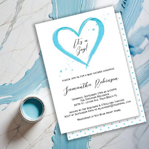 Modern Baby Boy Dusty Blue Heart Baby Shower Invitation