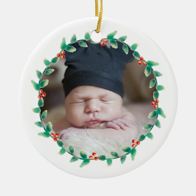 Modern Baby Boy First Christmas Photo Holly Berry Ceramic Tree Decoration (Front)