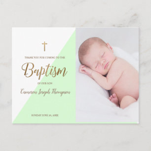 Modern Baby Boy Green Photo Baptism Thank You Postcard