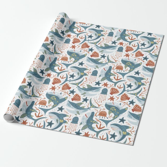 Modern Baby Boy Kids Birthday Under The Sea Shark Wrapping Paper (Unrolled)