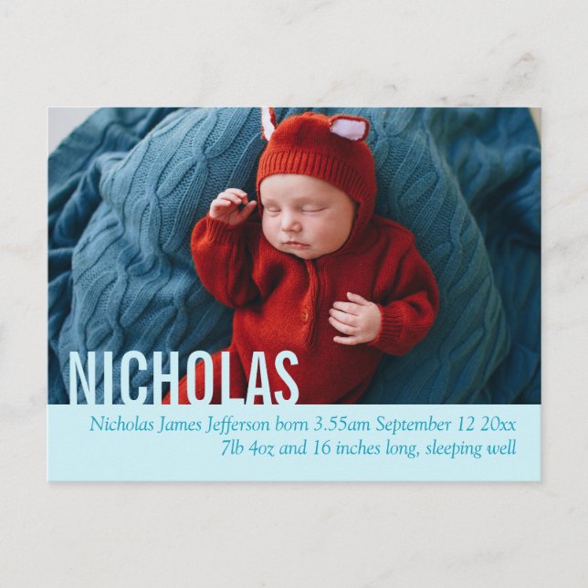 Modern baby boy photo announcement postcard (Front)